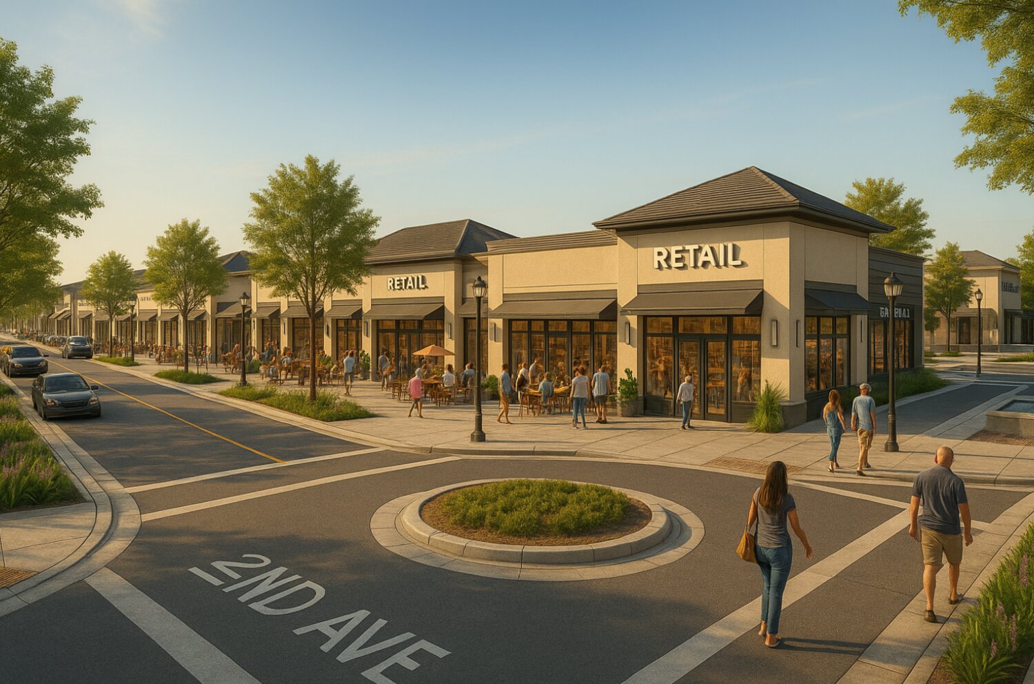 Concept: the reimagined 2nd Avenue N — a walkable Town Center with retail, plazas, and a signature roundabout. Illustrative rendering, BusinessFlare®.