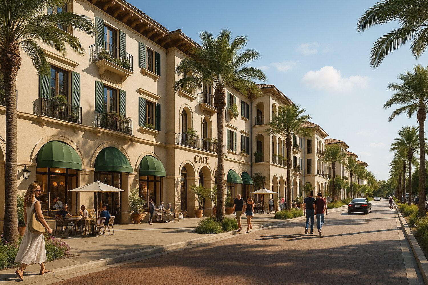 Concept: a Mediterranean-style main-street block with cafés and outdoor dining. Illustrative rendering, BusinessFlare®.